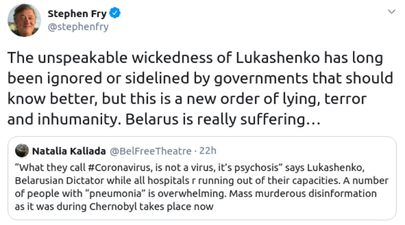 Новый уровень лжи, террора и бесчеловечности – Стивен Фрай раскритиковал Лукашенко