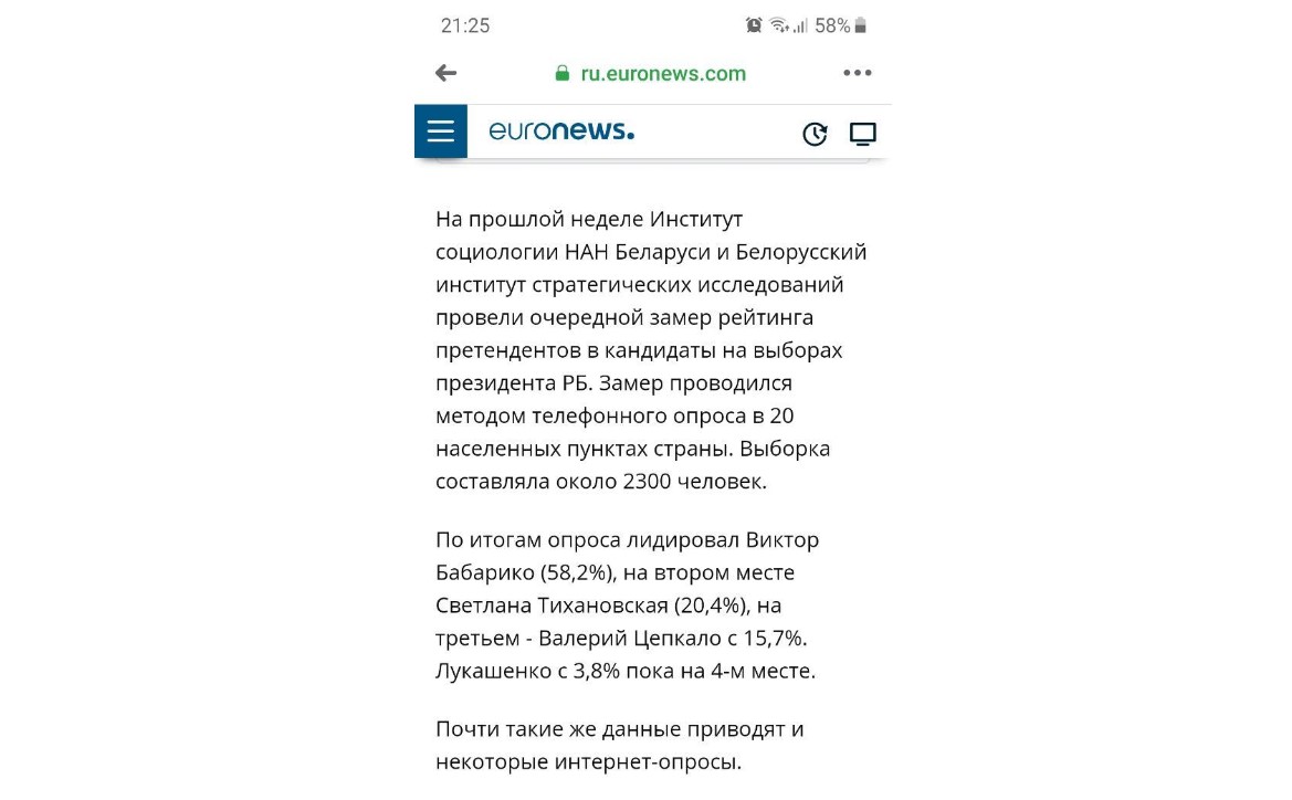 Euronews извинился за фейк о рейтингах кандидатов на выборах в Беларуси