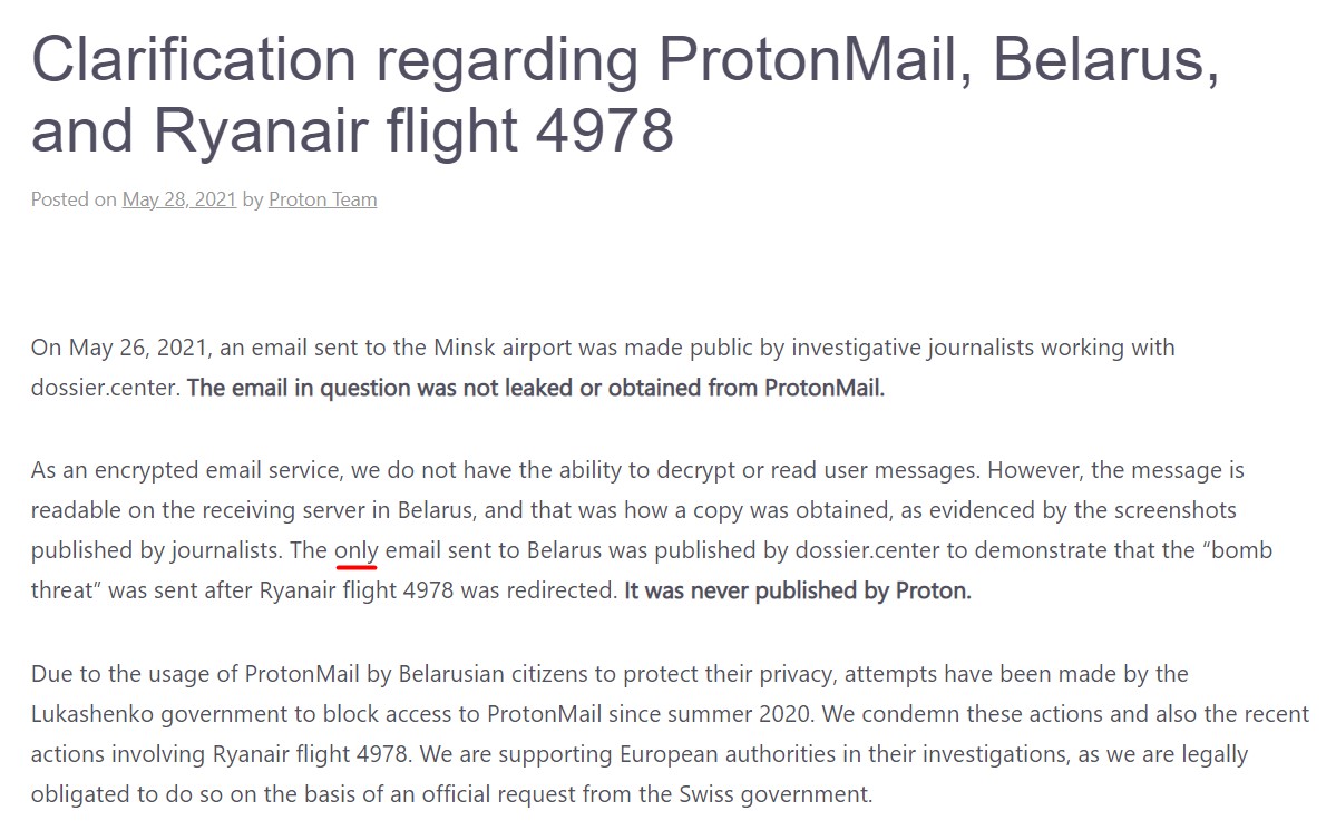 "Единственное письмо". Protonmail дополнил информацию про емэйл о бомбе