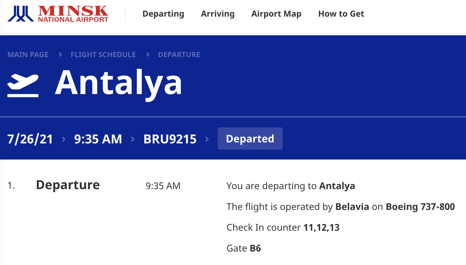 Рейс "Белавиа" из Минска в Анталью изменил курс и подал сигнал бедствия