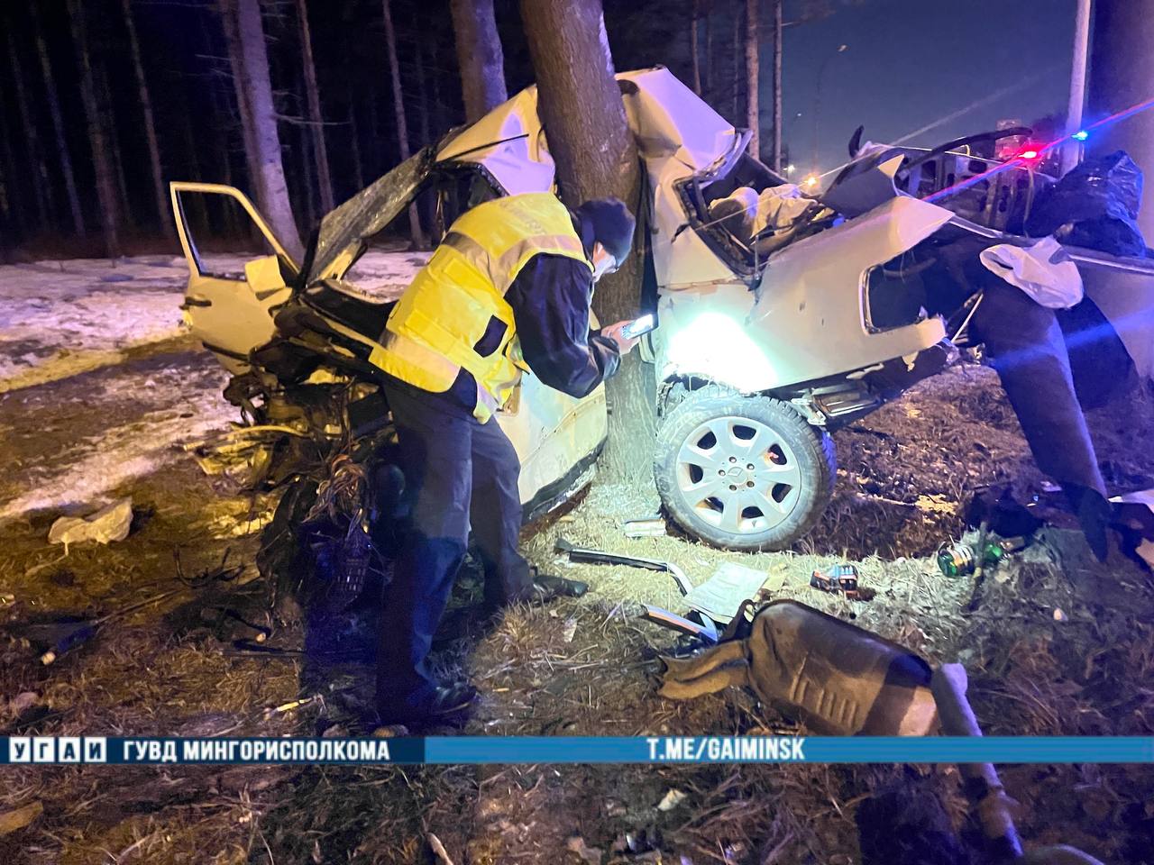 Mercedes разорвало на части после удара в дерево на МКАД