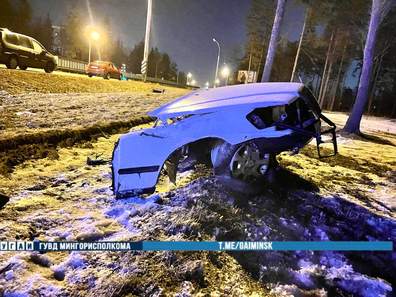 Mercedes разорвало на части после удара в дерево на МКАД