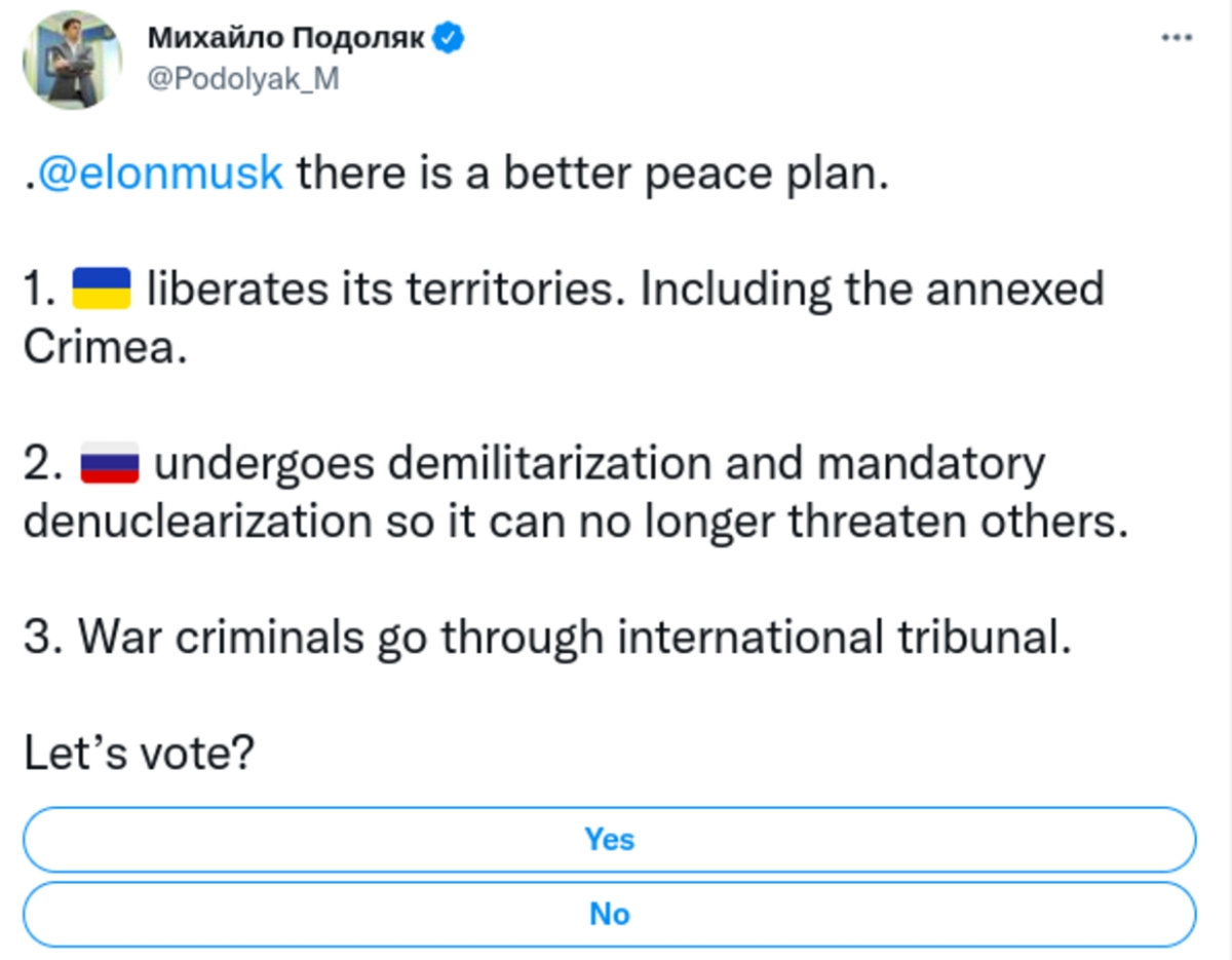 Илон Маск предложил мирный план для Украины. Ему ответили