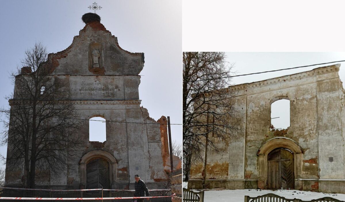В Зембине демонтируют барочный фронтон костела Вознесения Девы Марии
