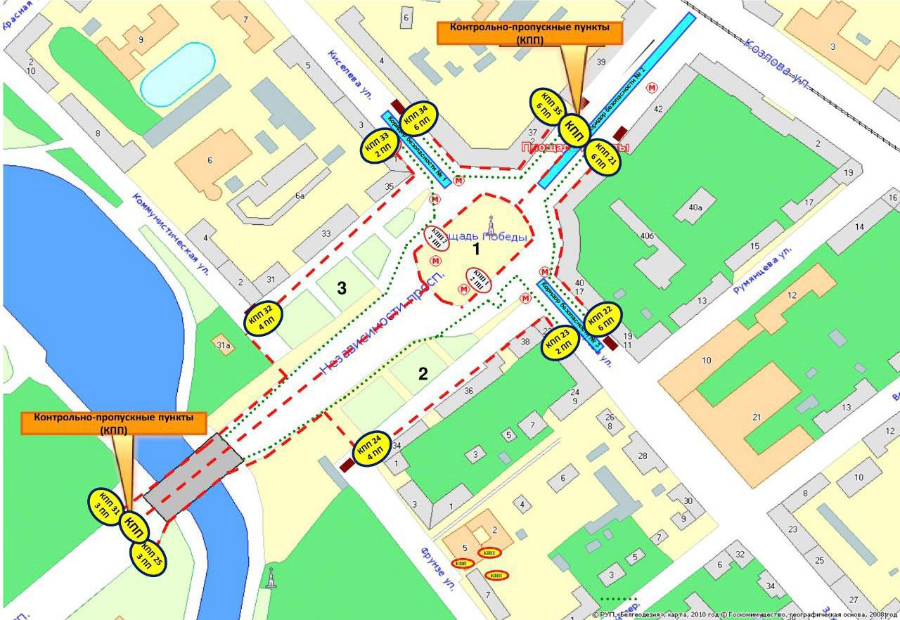Опубликована карта КПП на площади Победы и Октябрьской площади