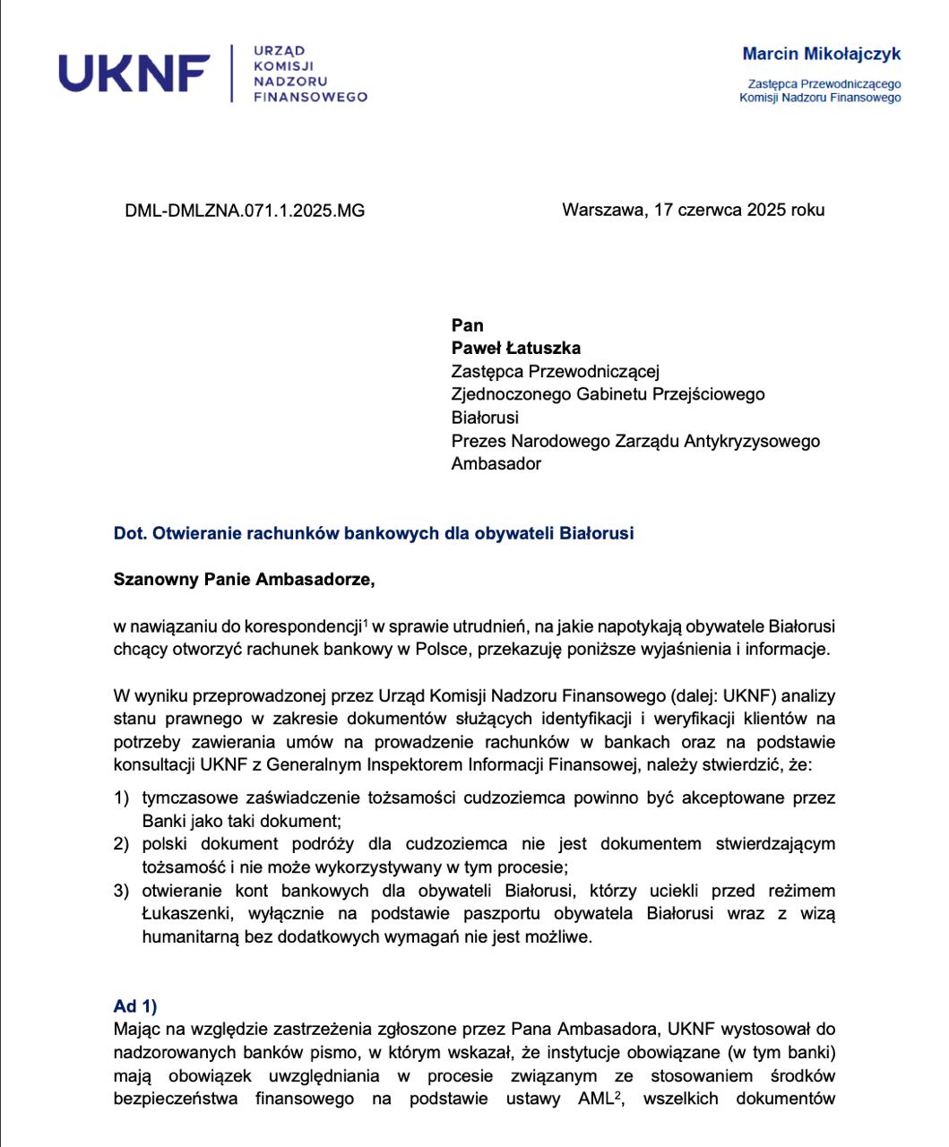 Временное удостоверение иностранца подходит для открытия банковского счета в Польше - ОПК