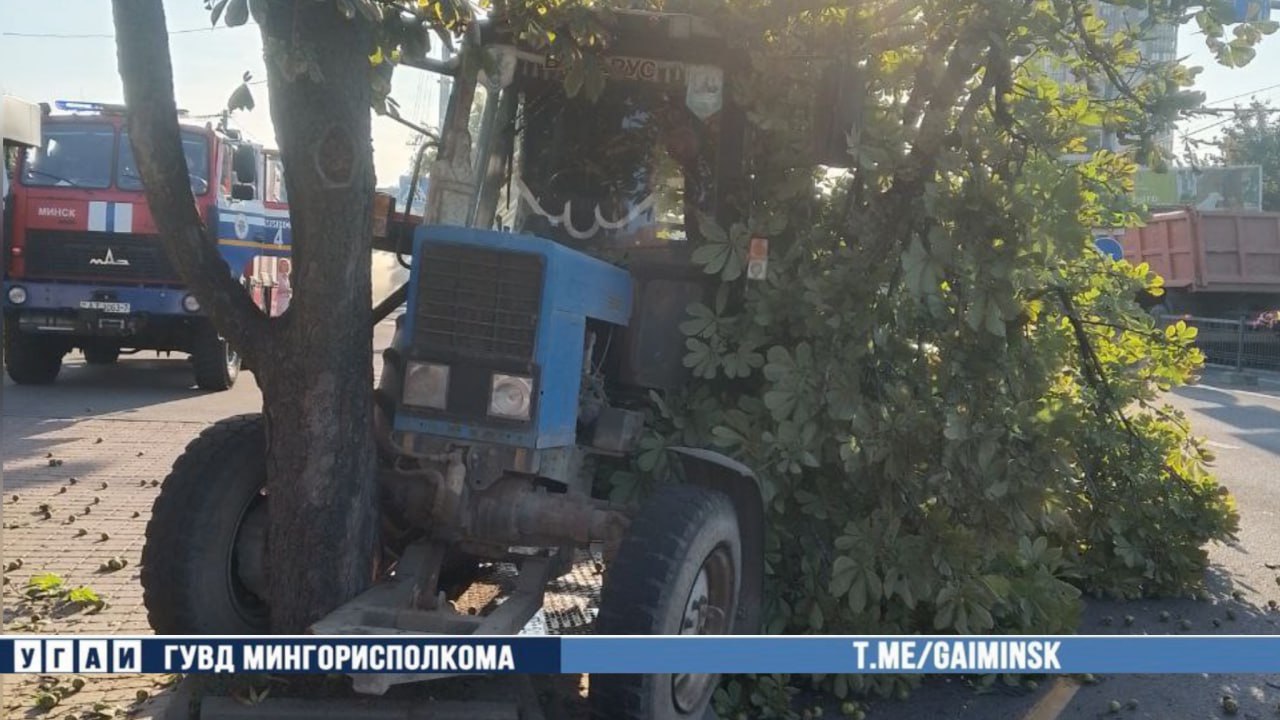 Лопнул шланг гидроусилителя руля. Трактор въехал в дерево в Минске