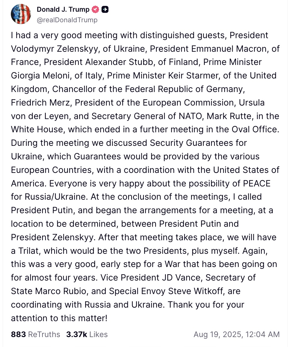 Трамп заявил, что начинает подготовку трехсторонней встречи с Путиным и Зеленским