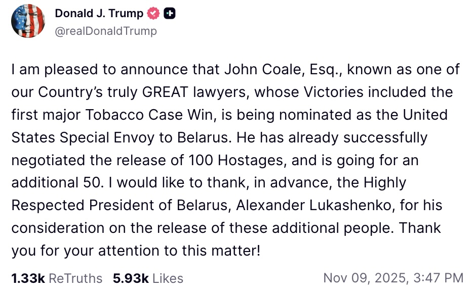 Трамп выдвинул Джона Коула на должность спецпосланника США в Беларуси