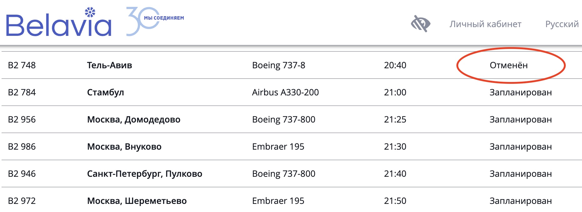 Рейсы "Белавиа" в Тель-Авив и обратно отменены